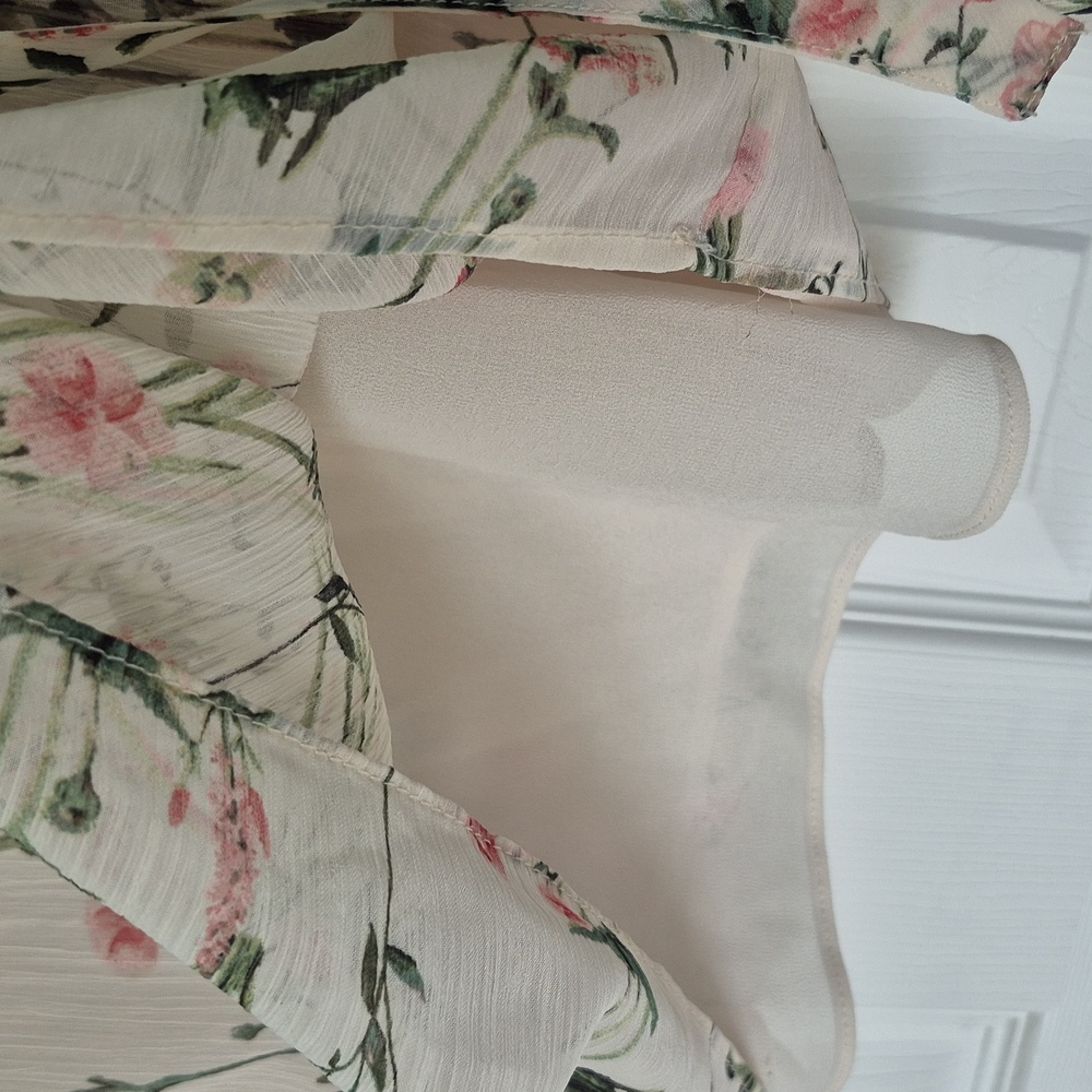 Rose + Olive Floral Long Sleeve Blouse | Cream Sheer Lined Top | Size Small - Picture 12 of 17